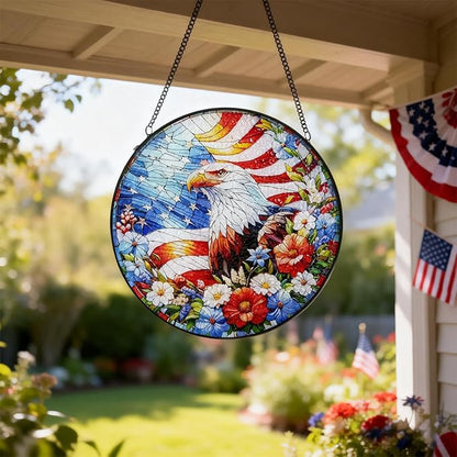 Stained Glass Window Hanging, 4th of July Patriotic Eagle Suncatcher, 250th Anniversary Ornament, Independence Day Decor for Home Garden Porch Patio, Birthday Housewarming Gift, 7.8 Inch