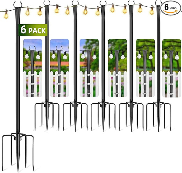 6 Pack String Light Poles for Outside, 10ft Metal Outdoor String Light Poles for Deck - Ideal for Patio, Garden, Yard, Front Porch Decorations, Black