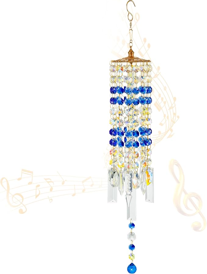 Crystal Wind Chimes for Outside with Rainbow Light Reflections Glass Bells and Rose Gold Alloy Hooks Indoor Outdoor Decor for Home Garden Patio Porch Birthday House Warming (Blue)