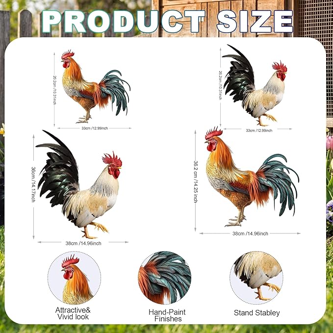 Riakrum 4 Pcs Metal Rooster Outdoor Garden Statues Decor Yard Chicken Decorations Metal Chicken Sculpture for Backyard Patio Kitchen Decor & Lawn Ornaments, 2 Size