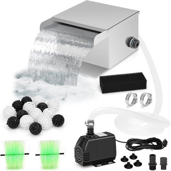 Pond Waterfall Spillway Kit with Filter Media & 800 GPH Pump, 304 Stainless Steel Waterfall Box, 9.8FT Hose, Complete Pond Kit for Outdoor Ponds, Koi Ponds, Fountain (8"L x 9.8"W x 5.1"H)