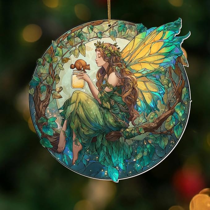 Fairy Ornament Acrylic Suncatcher – Enchanted Forest Fairy Sitting in Circle with Squirrel, Stained Glass Style Window Hanging Decor, Christmas Ornament Gift for Women, Fantasy Home Decor, (Sun-34)