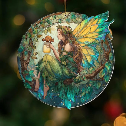 Fairy Ornament Acrylic Suncatcher – Enchanted Forest Fairy Sitting in Circle with Squirrel, Stained Glass Style Window Hanging Decor, Christmas Ornament Gift for Women, Fantasy Home Decor, (Sun-34)