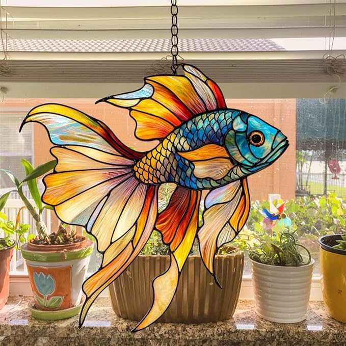 Rainbow Beta Fish Acrylic Suncatcher Stained Glass Effect Window Car Hanging Christmas Ornament Indoor Outdoor Decor Garden Sun Catcher Panel for Acrylic Suncatcher Lover for Women Mom Grandma