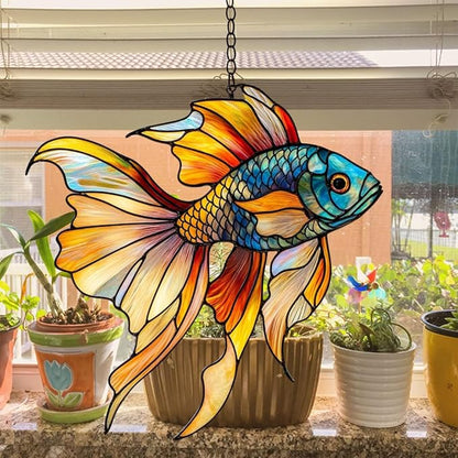 Rainbow Beta Fish Acrylic Suncatcher Stained Glass Effect Window Car Hanging Christmas Ornament Indoor Outdoor Decor Garden Sun Catcher Panel for Acrylic Suncatcher Lover for Women Mom Grandma