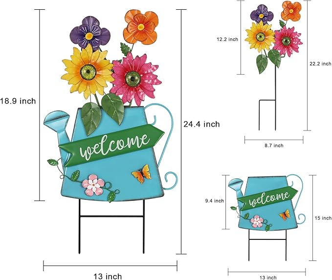 YEAHOME Garden Decor for Outside, 24.4“ Decorative Garden Stakes Metal Watering Can with 4 Flowers for Spring Decor, Welcome Yard Signs for Outdoor Lawn Backyard Patio Porch Pathway Decorations