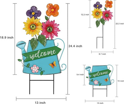 YEAHOME Garden Decor for Outside, 24.4“ Decorative Garden Stakes Metal Watering Can with 4 Flowers for Spring Decor, Welcome Yard Signs for Outdoor Lawn Backyard Patio Porch Pathway Decorations
