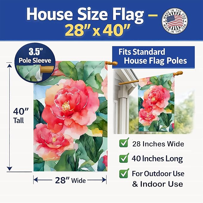 Caroline's Treasures Alabama Camellia in Watercolor House Flag Large Porch Sleeve Pole Decorative Outside Yard Banner Artwork Wall Hanging, Polyester, House Size, Multicolor