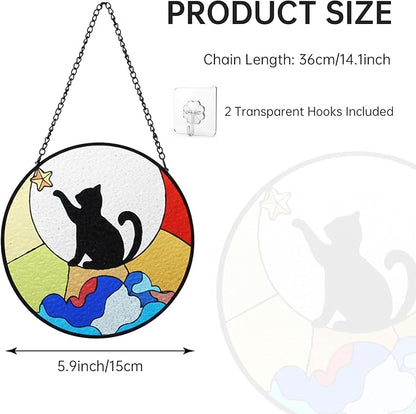 Black Cat Stained Glass Window Hanging Ornament, Cat Suncatcher Indoor Wall Art, Boho Cottagecore Moon Kitten Wall Hanging Decorations, Gifts for Cat Lovers, 5.9''