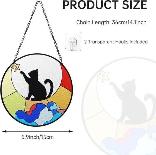 Black Cat Stained Glass Window Hanging Ornament, Cat Suncatcher Indoor Wall Art, Boho Cottagecore Moon Kitten Wall Hanging Decorations, Gifts for Cat Lovers, 5.9''