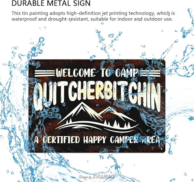 Vintage Metal Funny Camping Tin Sign-Welcome To Camp A Certified Happy Camper Area Outdoor Porch Patio Home Kitchen Garden Bar Poster Retro Decor Art 8X12 Inch Wall Decor