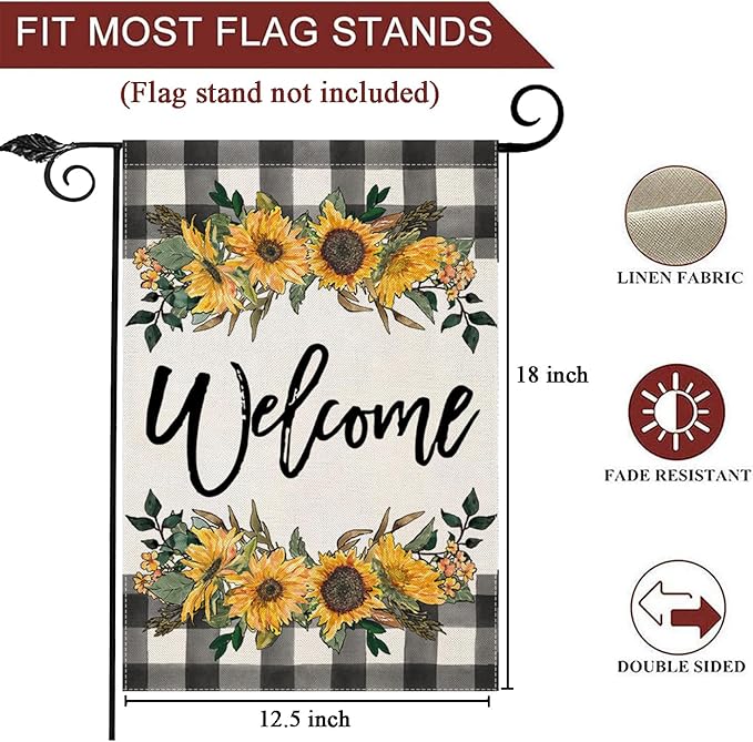 LARMOY Spring Welcome Garden Flag for Outdoor,12×18 Double Sided Black and White Buffalo Plaid with Sunflowers,Small Yard Flags for Summer All Seasons,Seasonal Farmhouse Outside Holiday Decor