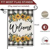 LARMOY Spring Welcome Garden Flag for Outdoor,12×18 Double Sided Black and White Buffalo Plaid with Sunflowers,Small Yard Flags for Summer All Seasons,Seasonal Farmhouse Outside Holiday Decor