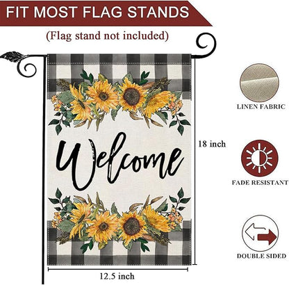LARMOY Spring Welcome Garden Flag for Outdoor,12×18 Double Sided Black and White Buffalo Plaid with Sunflowers,Small Yard Flags for Summer All Seasons,Seasonal Farmhouse Outside Holiday Decor