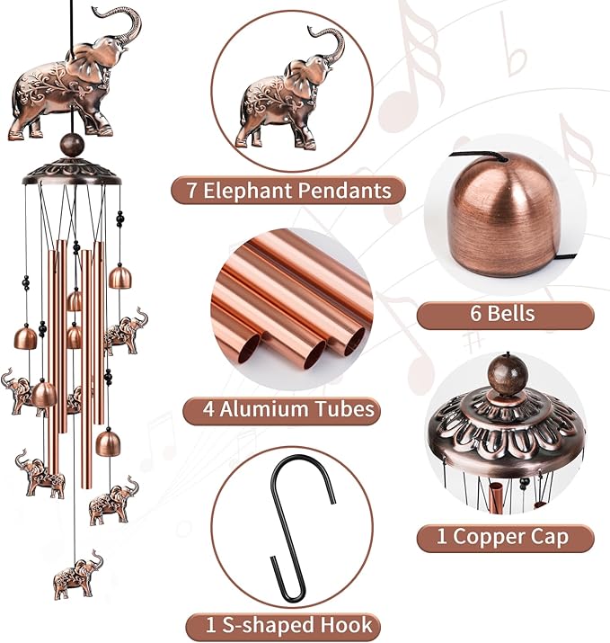 35 Inch Elephant Wind Chime, Handmade Large Metal Animal Figurine Windchimes for Garden Decor, Deep Soothing Bass Tones Wind Chimes for Outside, Memorial Gifts for Patio, Yard, Porch