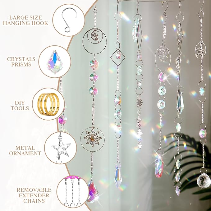 Crystal Suncatchers Kits, 330 PCS Suncatchers Making Kits Wind Chime Hanging Decorative Suncatcher with Rainbow Maker Craft for Adult Window Indoor Outdoor Xmas Garden Decor (Silver)