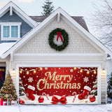 HOMETITUTE Christmas Garage Door Banner 13x6ft Merry Xmas Gold Sign Stockings Candy Bows Ornaments Snowflakes Red Backdrop Outdoor Yard Photo Background Holiday Decoration