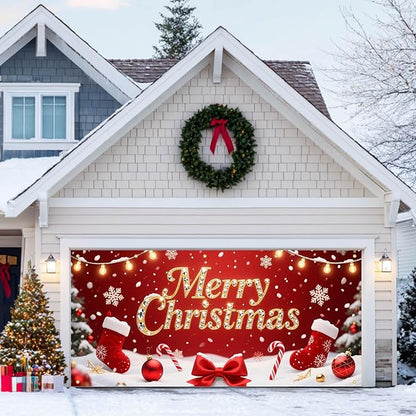 HOMETITUTE Christmas Garage Door Banner 13x6ft Merry Xmas Gold Sign Stockings Candy Bows Ornaments Snowflakes Red Backdrop Outdoor Yard Photo Background Holiday Decoration