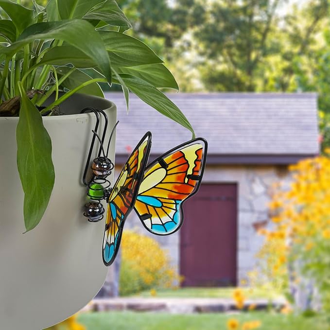 Metal Butterfly Flower Pot Huggers Dreamy Butterflies Planter Hanging Figurines with Color Beads Fill the Body 3.5 Inch Iron Insect Garden Art Sculptures Statues Hanger Ornaments for Yard Fence (3PCS)