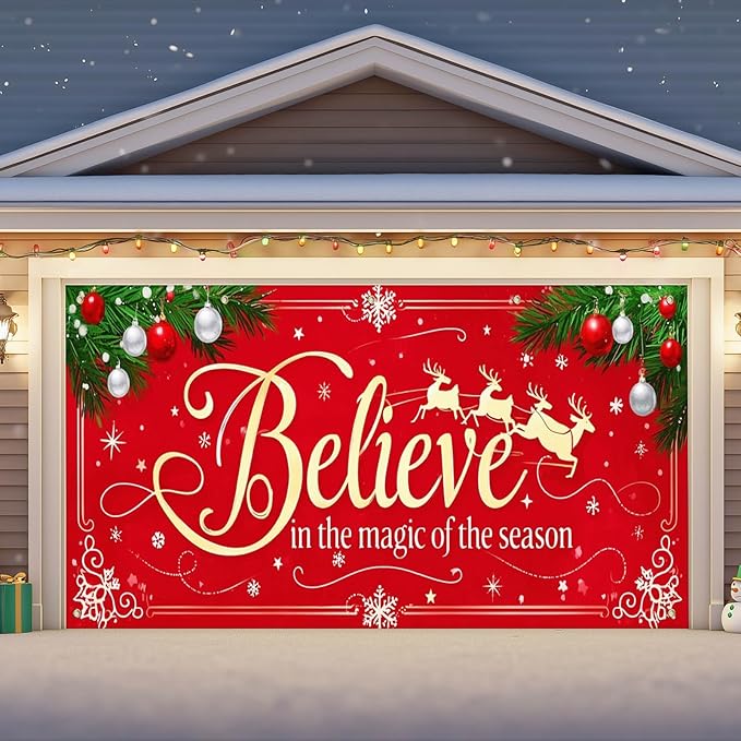 IVN Merry Christmas Happy New Year Believe Garage Door Banner 13x6 ft Christmas Garage Door Cover Wnter Scene Background Indoor Outdoor Red Snowflake Reindeer Holiday Decorations for Home and Events Wall Backdrop Decor