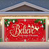 IVN Merry Christmas Happy New Year Believe Garage Door Banner 13x6 ft Christmas Garage Door Cover Wnter Scene Background Indoor Outdoor Red Snowflake Reindeer Holiday Decorations for Home and Events Wall Backdrop Decor
