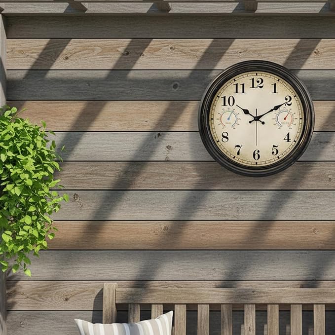 16 Inch Large Outdoor Clock with Thermometer and Hygrometer Combo, Waterproof Indoor Outdoor Wall Clocks for Patio, Pool, Garden, Backyard Decor- Retro Bronze
