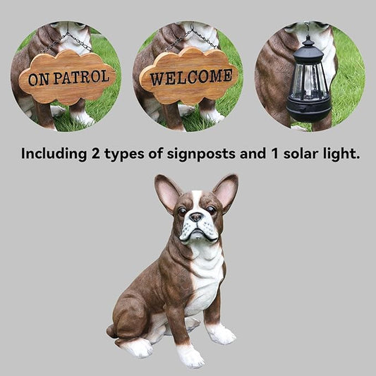 Outdoor Boston Terrier Dog Statue with Interchangeable Welcome sign and Detachable Solar Lantern –LED Light Garden Dog Sculpture Décor Garden Statue Outdoor dog statue Cute Puppy Design for Yard Gift
