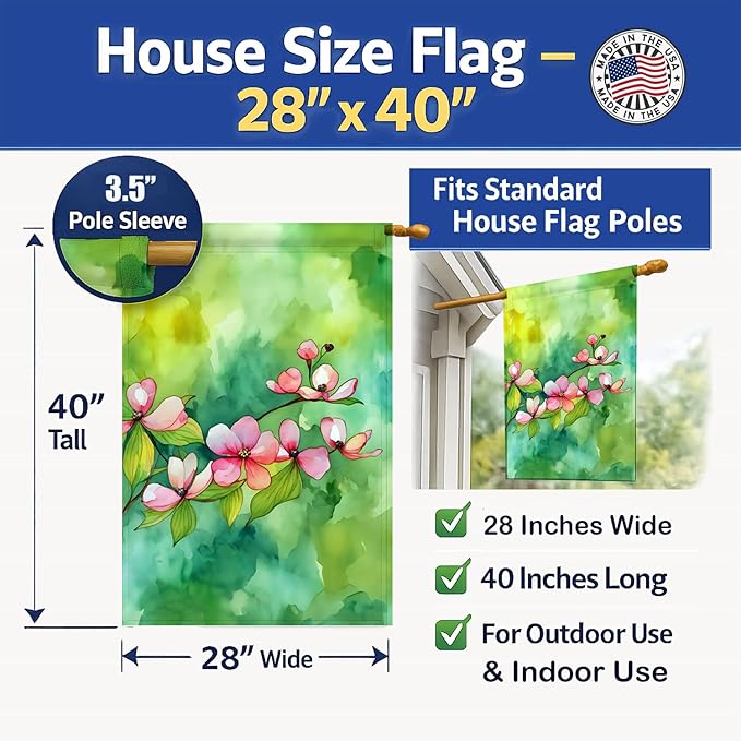Caroline's Treasures Virginia American Dogwood in Watercolor House Flag Large Porch Sleeve Pole Decorative Outside Yard Banner Artwork Wall Hanging, Polyester, House Size, Multicolor