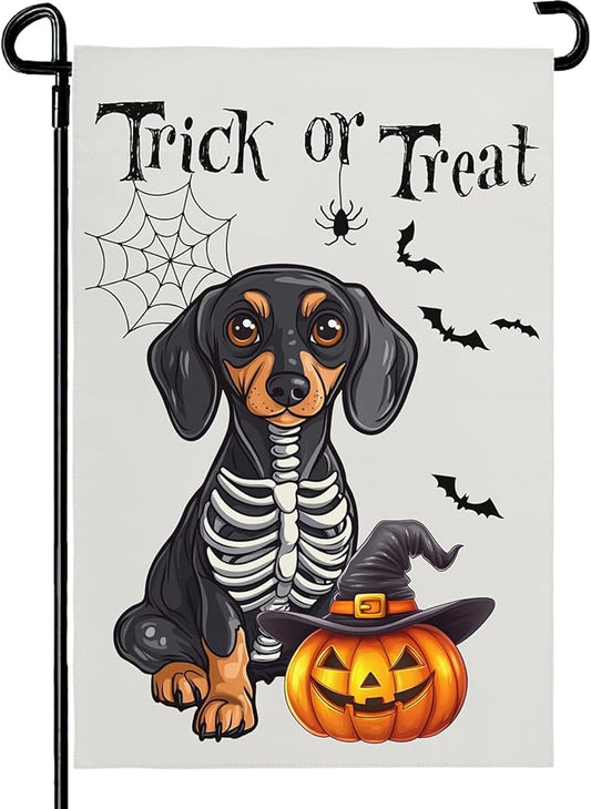 Halloween Garden Flags Trick or Treat Ghost Dog Yard Flag for Outside Decor Pumpkin Bat Spider Web Garden Flag Holiday Rottweiler Skeleton House Banner Outdoor Decoration for Home 12 x 18 Inch