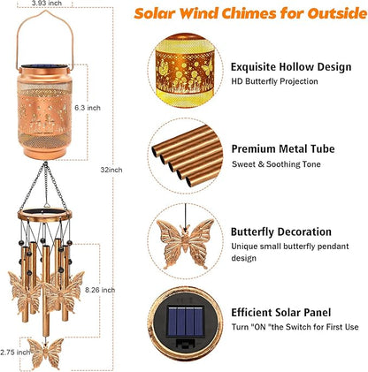 Butterfly Solar Wind Chimes for Outside, Gifts for Mothers Day Mom Women Grandma Birthday Memorial Teacher, 32" Windchimes Outdoor Decor Hanging Solar Lantern for Garden Porch Patio Backyard