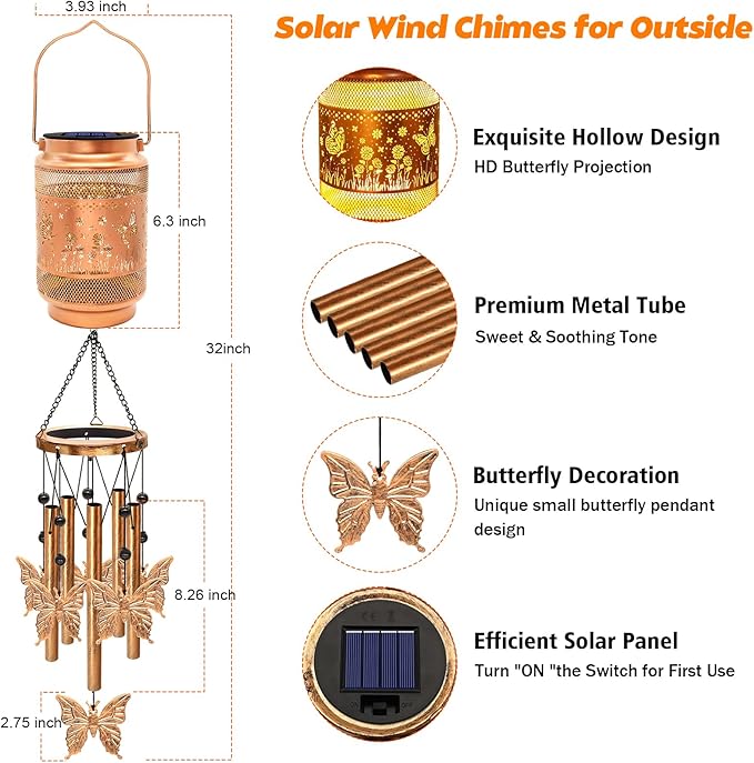 2 Pack Butterfly Solar Wind Chimes for Outside, Gifts for Mothers Day Mom Women Grandma Birthday Memorial Teacher, 32" Windchimes Outdoor Decor Hanging Solar Lantern for Garden Porch Patio Backyard