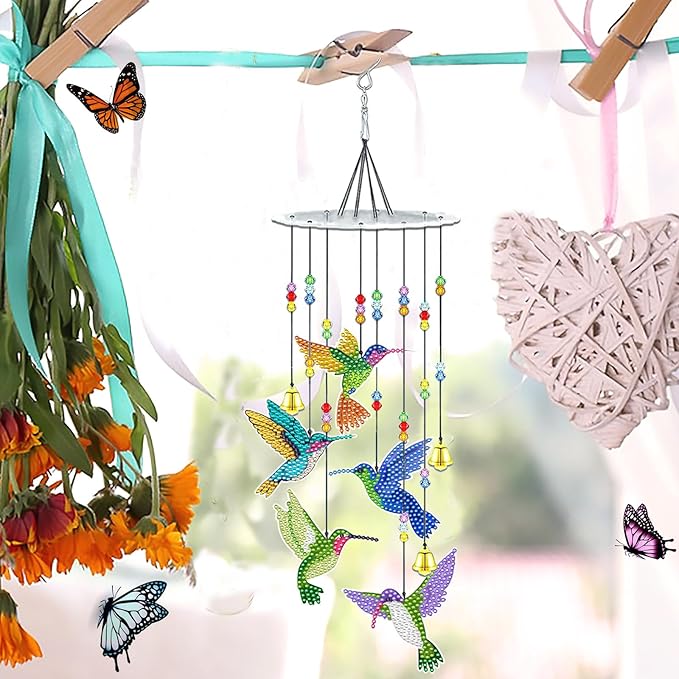 JeCuiK Hummingbird Diamond Painting Wind Chimes Double Side DIY Diamond Art Kits for Adults Diamond Painting Kits Wind Chimes 3D Diamond Art Suncatchers Hanging Ornament Crafts for Garden Decor