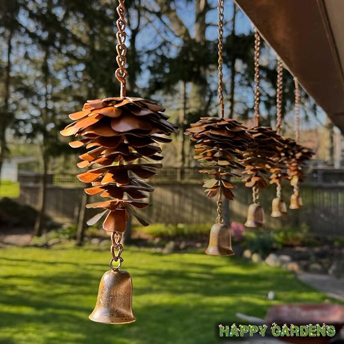 Happy Gardens Pine Cone Ornament with Bells | Bronze Metal Fall Wind Chimes, Pine Cones Decorations | Decorative Hanging Ornaments, and Garden Decor