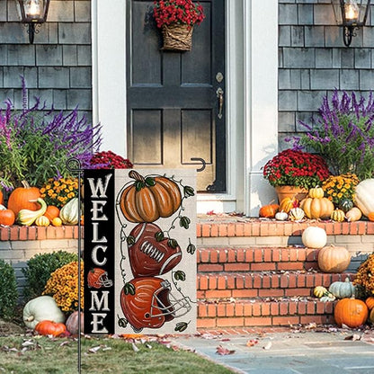 Fall Football Welcome Garden Flags 12x18 Inch Vertical Double Sided, Pumpkin Autumn Sports Game Day Sign Thanksgiving Seasonal Yard Outside Decor DF330