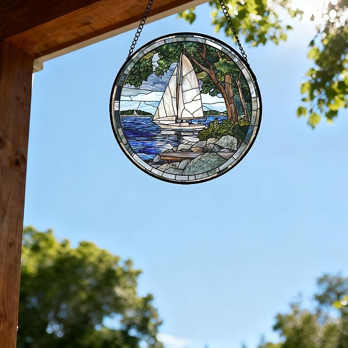 Stained Glass Window Hanging Blue Ocean White Sailboat 7.8" - Nature Suncatcher Door Garden Sun Catcher Home Decor Birthday Christmas for Woman Mom Men Friend Nana
