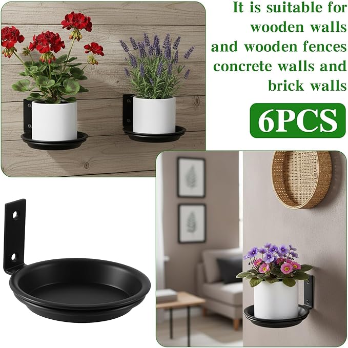 6 Pack 4'' Wall Mount Plant Holder with 8 Replaceable Trays, Heavy Duty Metal Flower Pot Holder Ring, Plant Hanger for Wall Indoor, Ring Planter Bracket for Outside Outdoor Bird Feeder Bath