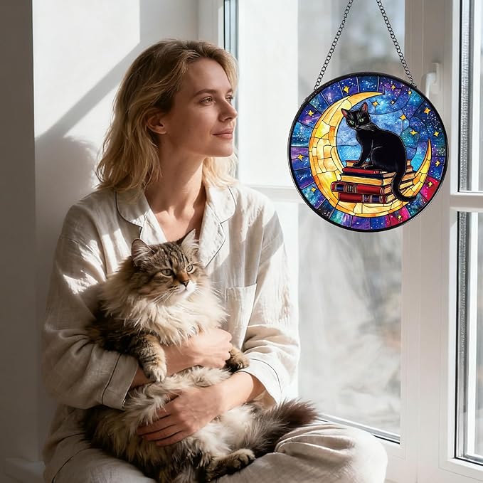Rngmsi Cat and Moon Stained Glass Window Hanging Gifts, 7.8″ Sun Catchers for Indoor Window Decor, Decorative Sun Catchers Home Wall Art Gift for Thanksgiving Christmas Wedding Housewarming