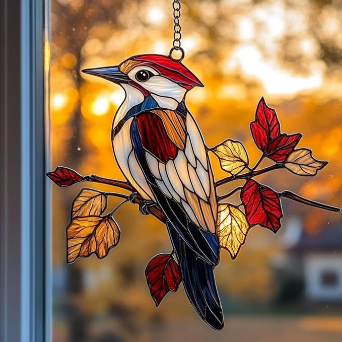 Red Woodpecker Acrylic Suncatcher Stained Glass Effect Window Car Hanging Christmas Ornament Indoor Outdoor Decor Garden Sun Catcher Panel for Acrylic Suncatcher Lover for Women Mom Grandma