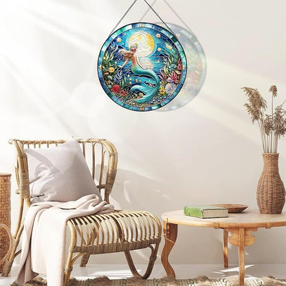 RIVEENY Mermaid Suncatcher Stained, Stained Glass Window Hanging, Mermaid Suncatchers for Windows, Hand Painted Glass for Ocean Lover 20cm/7.87inch