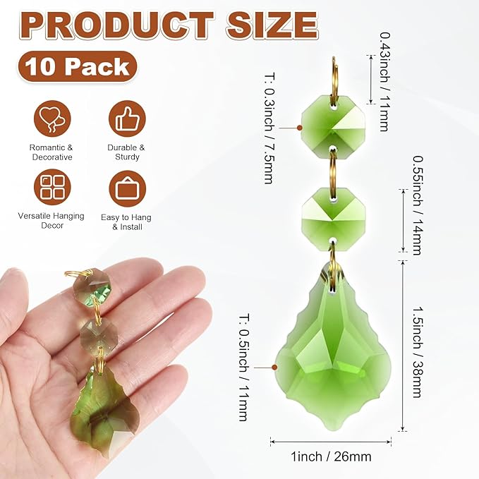 M METERXITY 10PCS Crystal Suncatcher 2 Leaves Prisms Pendants Ornament, 38mm Chandelier Hanging Crystal Sun Catcher Beads for Home Garden Windows Wedding DIY Decoration [Apple Green]
