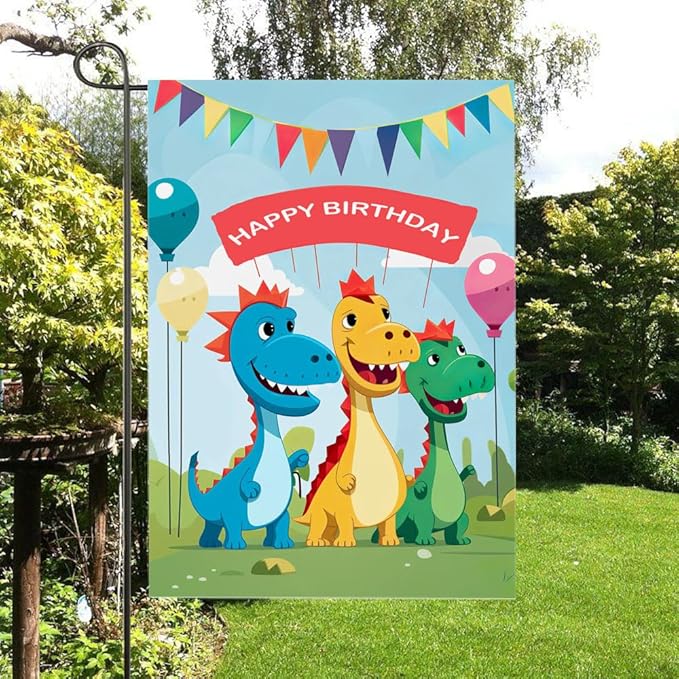 Gkyygk Dinosaur Happy Birthday Garden Flag 12 x 18 Inch Double Sided Welcome Banners Farmhouse Holiday Outside Decor Burlap Yard Flag