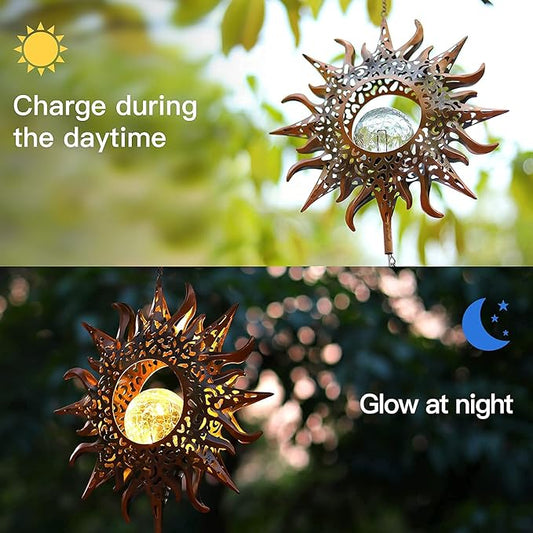 DesGully Solar Wind Chimes, Sun Wind Chime Outdoor Clearance w/Glowing Crackle Glass LED Unique Wind Bells for Outside Waterproof Chimes, Gifts for Her/Him (42" Long Metal Chimes)…