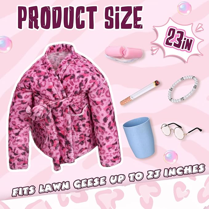 23 Inch Porch Goose Statue Outfits Set Pink Leopard Porch Goose Bathrobe Costumes with Clothes & Accessories for Patio Yard Garden Lawn Outdoor Decoration
