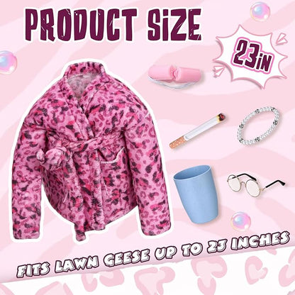 23 Inch Porch Goose Statue Outfits Set Pink Leopard Porch Goose Bathrobe Costumes with Clothes & Accessories for Patio Yard Garden Lawn Outdoor Decoration