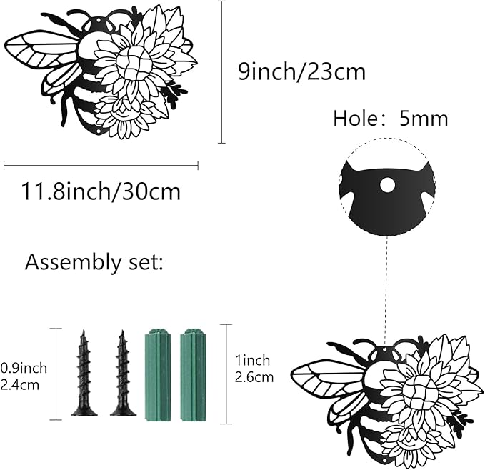 CREATCABIN Bees Metal Wall Art Decor Sunflower Sculpture Wall Hanging Decoration Sign Iron Outline Wall Art Black Rustic Decor Ornament Wall for Indoor Outside Living Room Home Office 12 x 9Inch