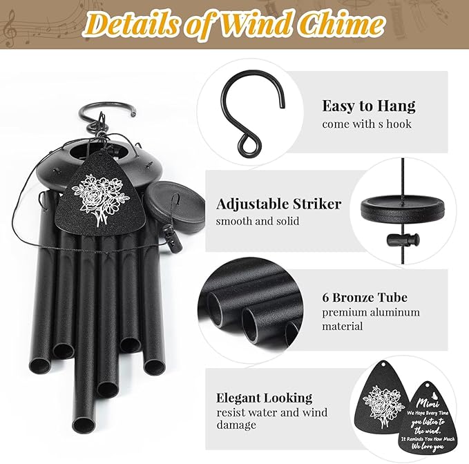 Gifts for Mimi, 25''Wind Chimes Black, Mimi Birthday Gifts from Grandkids, Thanksgiving, Ideas of Decorations for Outside, Patio, Garden or Yard