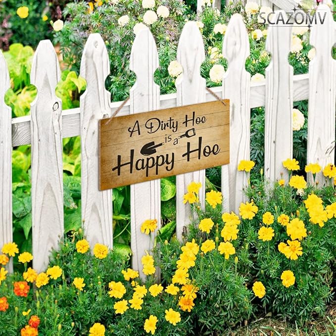 SCAZOMV Garden Sign Decor, A Dirty Hoe Is A Happy Hoe, Funny Outdoor Decorative For Garden Backyard Patio Farmhouse, Potting Shed She Shed Personalized Wooden Hanging Plaque 5"X 10"