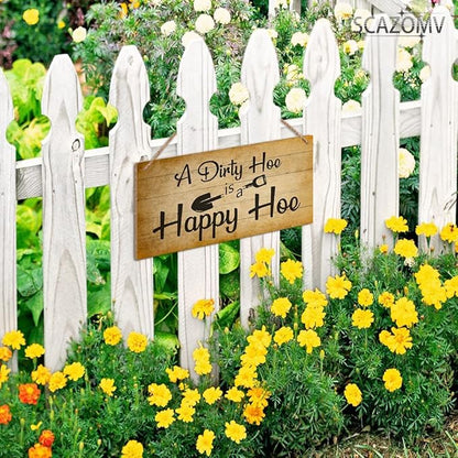 SCAZOMV Garden Sign Decor, A Dirty Hoe Is A Happy Hoe, Funny Outdoor Decorative For Garden Backyard Patio Farmhouse, Potting Shed She Shed Personalized Wooden Hanging Plaque 5"X 10"