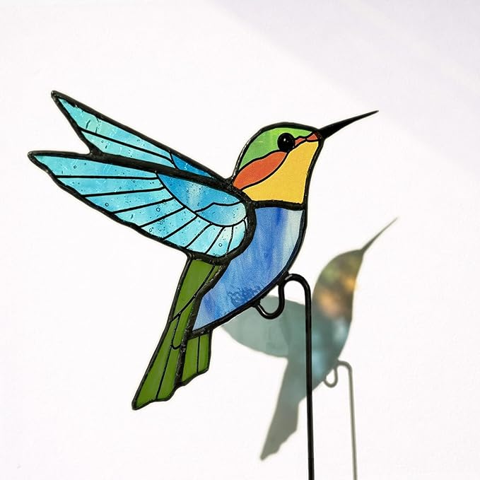 Hummingbird Stained Glass Plant Pot Suncatcher - Handmade Real Glass Flower Pot Ornament for Planters - Indoor Outdoor Garden Décor - Thoughtful Gift for Women, Mom & Bird Lovers