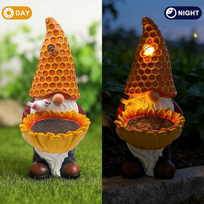 Solar Garden Gnome with LED Lights - Sunflower Garden Gnomes Outdoor, Gnomes Decorations for Yard, Patio, Lawn - Gift for Mom, Grandma, Gnome Gifts for Women, Garden Lovers